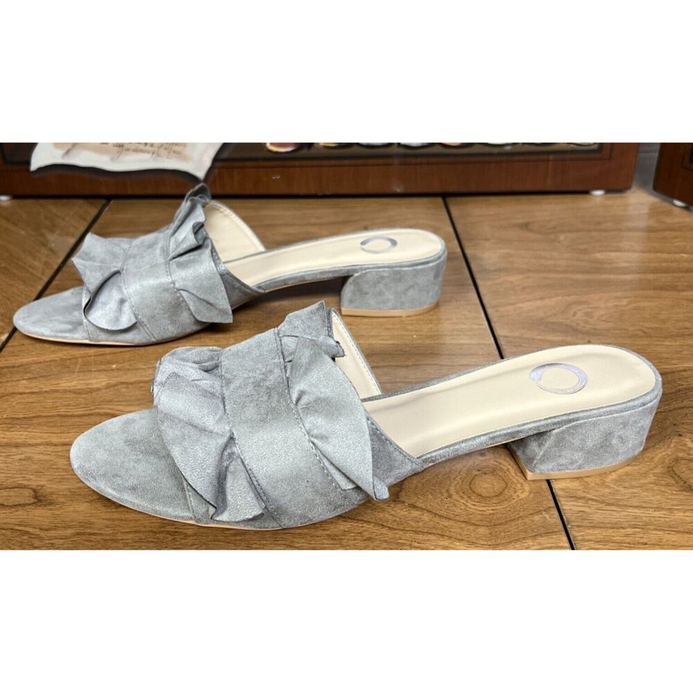 Gray Open-Toe Slip-On Sandals With Ruffle Design & Block Heel Size 11 - Picture 3 of 6